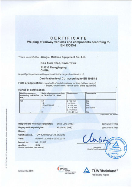 中国 Jiangsu Railteco Equipment Co., Ltd. 認証
